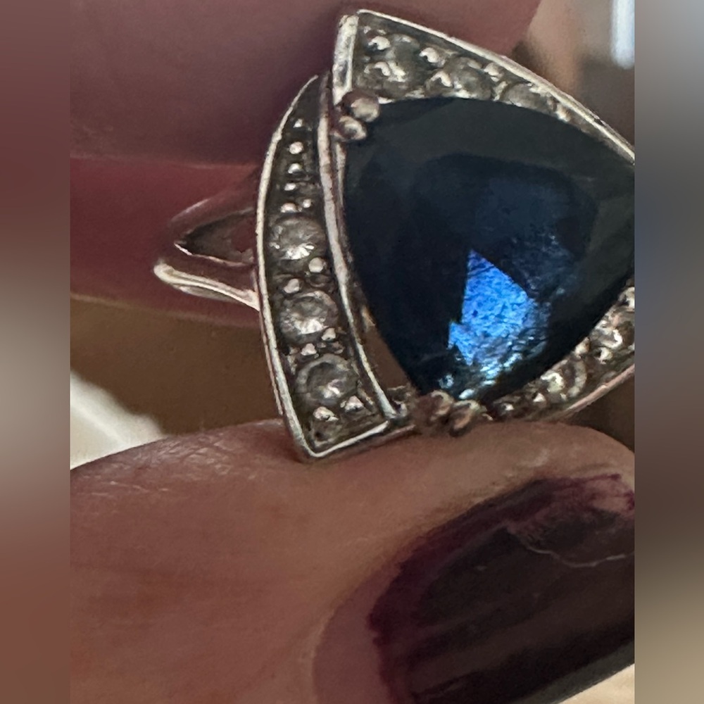 Sterling Silver Ring with trillion cut lab sapphire Stone and Accent cz Crystals